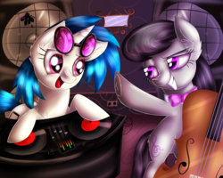 Size: 3000x2400 | Tagged: safe, artist:katakiuchi4u, dj pon-3, octavia melody, vinyl scratch, earth pony, pony, unicorn, g4, cello, colored pupils, dj table, duo, female, grin, high res, mare, musical instrument, open mouth, smiling, sunglasses