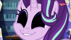 Size: 1920x1080 | Tagged: safe, edit, edited screencap, screencap, starlight glimmer, equestria girls, equestria girls specials, g4, my little pony equestria girls: mirror magic, creepy, empty eyes, faic, female, glimmie, no catchlights, smiling, smirk, solo, teletoon, why