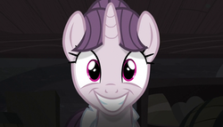 Size: 1258x720 | Tagged: safe, screencap, sugar belle, pony, unicorn, g4, the cutie map, basement, creepy, creepy smile, cult, equalized, equalized mane, false smile, female, looking at you, mare, smiling, solo, wide smile