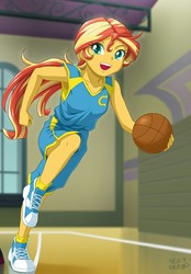Size: 551x793 | Tagged: safe, artist:uotapo, edit, sunset shimmer, equestria girls, g4, armpits, ball is life, basketball, basketball court, canterlot high, clothes, cropped, cute, female, gym, jersey, ponytail, shoes, smiling, sneakers, socks, solo, sports shorts, sunset helper, tennis shoes, wondercolts
