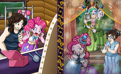 Size: 1024x626 | Tagged: safe, artist:tanjathebat, pinkie pie, princess celestia, zecora, oc, oc:ocean depths, oc:zahran, human, equestria girls, g4, brush, canon x oc, clothes, disgusted, dress, ear piercing, earring, jewelry, marriage, party cannon, piercing, wedding