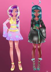 Size: 900x1259 | Tagged: safe, artist:nevera573, princess cadance, queen chrysalis, human, g4, alternate hairstyle, clothes, colored pupils, dark skin, duo, female, gradient background, humanized, kimono minidress, looking at you, minidress, mother, see-through