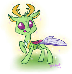 Size: 800x818 | Tagged: safe, artist:flourret, thorax, changedling, changeling, g4, :p, chibi, cute, freckles, king thorax, male, raised hoof, signature, smiling, solo, sparkles, spread wings, standing, tongue out, wings