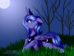 Size: 4000x3000 | Tagged: safe, artist:foxcarp, princess luna, alicorn, pony, g4, crying, female, floppy ears, grass, gritted teeth, high res, looking up, mare, moon, night, prone, s1 luna, solo, stars, tree
