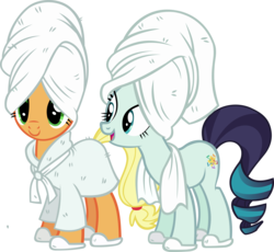 Size: 5635x5178 | Tagged: safe, artist:ironm17, applejack, coloratura, earth pony, pony, g4, absurd resolution, bathrobe, clothes, duo, female, mare, rara, simple background, slippers, towel, transparent background, vector