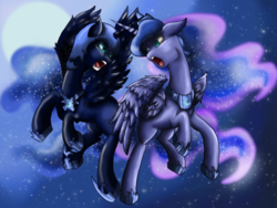 Size: 1024x768 | Tagged: safe, artist:cyanimationsa, nightmare moon, princess luna, alicorn, pony, g4, duality, floppy ears, flying, looking at each other, open mouth