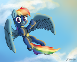 Size: 900x720 | Tagged: safe, artist:jackdragen, rainbow dash, pony, g4, clothes, cloud, female, flying, grin, looking at you, smiling, solo, uniform, waving, wonderbolts uniform