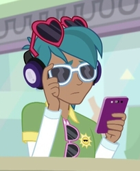 Size: 461x565 | Tagged: safe, screencap, carlos thunderbolt, equestria girls, equestria girls specials, g4, my little pony equestria girls: mirror magic, background human, cellphone, cropped, male, phone, smartphone, solo, sunglasses