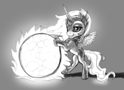 Size: 908x657 | Tagged: safe, artist:wwredgrave, daybreaker, alicorn, pony, a royal problem, g4, antagonist, armor, ball, beautiful, chibi, cute, diabreaker, female, fire, helmet, majestic, mare, sketch, smiling, solo, spread wings, sun, wings