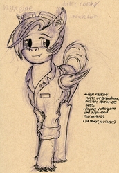 Size: 674x980 | Tagged: safe, artist:dreamingnoctis, oc, oc only, oc:night gale, bat pony, pony, ask asylum twilight, fangs, nurse, simple background, sketch, sketching, smiling, solo, traditional art