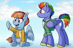 Size: 1888x1256 | Tagged: safe, artist:sentireaeris, bow hothoof, windy whistles, pony, g4, backwards cutie mark, clothes, cute, female, husband and wife, long sleeves, looking at something, male, open mouth, rainbow dash's parents, raised hoof, sitting