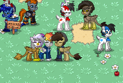 Size: 898x602 | Tagged: safe, oc, oc only, oc:edu, oc:tiorafa, griffon, pony, pony town, apple, food, griffon oc, rainbow hair, sign