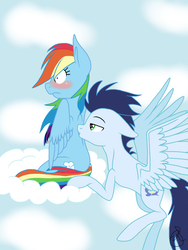 Size: 768x1024 | Tagged: safe, artist:ilaria122, rainbow dash, soarin', pony, g4, blushing, duo, kiss on the back, male, ship:soarindash, shipping, straight