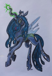 Size: 1277x1851 | Tagged: safe, artist:mintgreenweed, queen chrysalis, changeling, changeling queen, g4, female, magic, solo, tongue out, traditional art