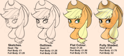 Size: 3116x1409 | Tagged: safe, artist:wulfanite, applejack, earth pony, pony, g4, bust, commission, commission info, female, flat colors, great britain, hat, head, multiple heads, price list, prices, shading, simple background, sketch, solo