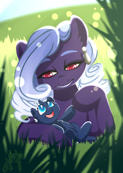 Size: 2894x4093 | Tagged: safe, artist:athyess, oc, oc only, oc:poison joke, pony, female, grass, high res, mother and daughter, prone, smiling