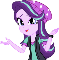 Size: 3990x4076 | Tagged: safe, artist:aqua-pony, starlight glimmer, equestria girls, equestria girls specials, g4, my little pony equestria girls: mirror magic, absurd resolution, beanie, clothes, cute, female, glimmerbetes, hat, looking at you, open mouth, shrug, simple background, smiling, solo, transparent background, vector, vest, watch