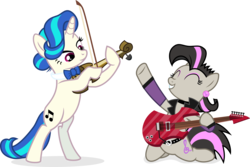 Size: 2927x1957 | Tagged: safe, artist:punzil504, idw, dj pon-3, octavia melody, vinyl scratch, earth pony, pony, g4, alternate hairstyle, bipedal, bow (instrument), cello, cello bow, clothes, cute, duo, electric guitar, eyes closed, female, guitar, hoof hold, idw showified, jacket, leather jacket, mare, mirror universe, musical instrument, rock (music), rocktavia, role reversal, simple background, transparent background, vinyl class