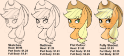 Size: 3116x1409 | Tagged: safe, artist:wulfanite, applejack, pony, g4, bust, commission, commission info, dollar sign, female, flat colors, hat, head, multiple heads, not a duplicate, price list, prices, shading, simple background, sketch, solo