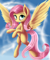 Size: 5000x6000 | Tagged: safe, artist:quefortia, fluttershy, pegasus, pony, g4, absurd resolution, female, flying, looking at you, mare, sky, solo, spread wings, wings