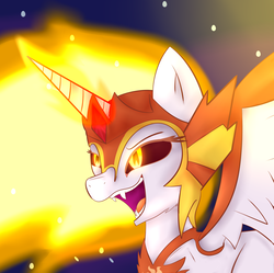 Size: 1024x1018 | Tagged: safe, artist:sunshine-bug, daybreaker, alicorn, pony, a royal problem, g4, armor, female, fire, mare, open mouth, solo