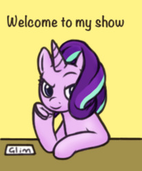 Size: 486x587 | Tagged: artist needed, safe, starlight glimmer, pony, unicorn, g4, 4chan, colored, drawthread, female, frog (hoof), looking at you, simple background, smiling, smirk, smug, solo, table, underhoof