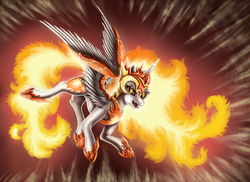 Size: 1372x1000 | Tagged: safe, artist:ellen124, daybreaker, alicorn, pony, a royal problem, g4, female, flying, mane of fire, mare, open mouth, solo