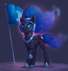 Size: 900x936 | Tagged: safe, artist:rodrigues404, nightmare moon, alicorn, pony, g4, cute, female, flag, helmet, mare, raised hoof, serious, serious face, solo