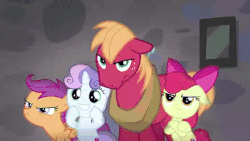 Size: 600x338 | Tagged: safe, screencap, apple bloom, big macintosh, dear darling, fond feather, scootaloo, sweetie belle, swoon song, earth pony, pegasus, pony, unicorn, g4, hard to say anything, animated, bimbettes, bipedal, cutie mark crusaders, female, gif, male, mare, rebus, stallion