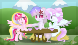 Size: 4686x2693 | Tagged: safe, artist:raspberrystudios, oc, oc only, oc:artiia moondrop, oc:aurelia charm, oc:orchidea loitsu, alicorn, changeling, pony, alicorn oc, blushing, changeling oc, excited, giggling, high res, hoofbump, hooves, meeting, shy, sitting, spread wings, standing, white changeling, wings