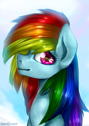 Size: 2480x3507 | Tagged: safe, artist:monochromacat, rainbow dash, pegasus, pony, g4, bust, colored pupils, cute, dashabetes, female, high res, looking at you, mare, multicolored hair, portrait, profile, smiling, solo