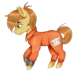 Size: 1882x1763 | Tagged: safe, artist:naturallightning, feather bangs, pony, g4, hard to say anything, clothes, crying, cuffed, cuffs, handcuffed, male, prison outfit, prisoner, shackles, simple background, solo, transparent background