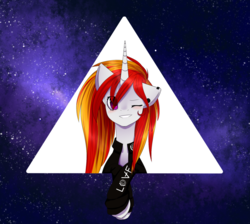 Size: 1280x1148 | Tagged: safe, artist:cupofvanillatea, oc, oc only, oc:lunar light, pony, unicorn, clothes, female, mare, one eye closed, solo, space, sweater, wink