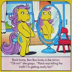 Size: 800x800 | Tagged: safe, bon bon (g1), earth pony, pony, comic:my little pony (g1), g1, my little pony tales, official, bipedal, bon bon is thicc, bow, chair, chubby, comic, female, indoors, mirror, out of context, profile, solo, tail bow, weight woe