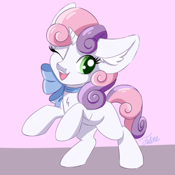 Size: 1600x1600 | Tagged: safe, artist:faline-art, sweetie belle, pony, unicorn, g4, bow, cute, diasweetes, ear fluff, female, filly, happy, one eye closed, pink background, rearing, simple background, solo, weapons-grade cute, wink