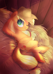 Size: 1000x1400 | Tagged: dead source, safe, artist:drawntildawn, applejack, earth pony, pony, g4, colored pupils, cowboy hat, crossed legs, female, green eyes, hat, hay, looking at you, lying down, mare, on back, one eye closed, smiling, solo, stetson, sunlight, watermark, wink