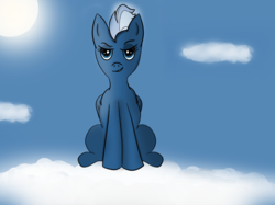 Size: 1890x1417 | Tagged: safe, night glider, pony, g4, cloud, female, lidded eyes, sitting, sky, smiling, solo, sun