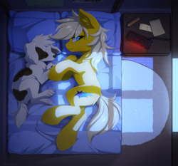 Size: 1280x1195 | Tagged: safe, artist:hioshiru, oc, oc only, oc:lightning star, dog, earth pony, pony, alarm clock, bed, bedroom, blanket, clock, duo, eyes closed, female, insomnia, mare, paper, pencil, pet, pillow, poster, sleeping, window