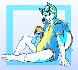 Size: 3000x2683 | Tagged: safe, artist:paddercat, rainbow dash, oc, oc only, pony, g4, barely pony related, clothes, diaper, furry, high res, male, non-baby in diaper, non-mlp oc, onesie, plushie, solo, uniform, wonderbolt trainee uniform