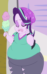 Size: 1576x2500 | Tagged: safe, artist:lupin quill, starlight glimmer, equestria girls, equestria girls specials, g4, bbw, beanie, belly, big belly, breasts, cleavage, clothes, eyes closed, fat, fat edit, female, food, hat, ice cream, jacket, messy eating, muffin top, obese, ripped jeans, scene interpretation, solo, starlard glimmer, story in the comments, that human sure does love ice cream, that pony sure does love ice cream, this will end in diabetes, thunder thighs, tight clothing, weight gain
