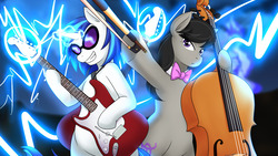 Size: 1280x720 | Tagged: safe, artist:jonfawkes, dj pon-3, octavia melody, vinyl scratch, earth pony, pony, unicorn, the vinyl scratch tapes, g4, bowtie, cello, duo, electric guitar, female, guitar, magic, mare, musical instrument, smiling, sunglasses