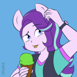 Size: 1000x1000 | Tagged: safe, artist:empyu, starlight glimmer, equestria girls, equestria girls specials, g4, mirror magic, 30 minute art challenge, blue background, clothes, female, food, ice cream, ponied up, pony ears, simple background, solo, tongue out
