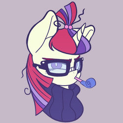 Size: 500x500 | Tagged: safe, artist:kaikoinu, moondancer, pony, unicorn, g4, bust, clothes, cute, dancerbetes, female, frown, glare, glasses, gray background, grumpy, looking at you, mare, messy mane, mouth hold, party horn, simple background, solo, sweater