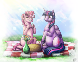 Size: 4000x3200 | Tagged: safe, artist:lupiarts, pinkie pie, twilight sparkle, alicorn, earth pony, pony, g4, belly, chubby, chubby cheeks, commission, commissioner:puffydearlysmith, cupcake, cute, diapinkes, duo, eating, eyes closed, fat, female, food, high res, mare, picnic, plump, pudgy, twilard sparkle, twilight sparkle (alicorn)
