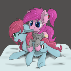 Size: 1800x1800 | Tagged: safe, artist:yoshimaru, oc, oc only, oc:candy dandy, oc:schweet schnapps, pony, biting, clothes, cute, duo, ear bite, female, gray background, hoodie, mare, simple background