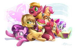 Size: 1082x700 | Tagged: safe, artist:imdrunkontea, apple bloom, big macintosh, feather bangs, scootaloo, sugar belle, sweetie belle, pony, unicorn, g4, hard to say anything, banjo, book, bouquet, cutie mark crusaders, female, filly, flower, heart, male, mare, musical instrument, pushing, stallion, sugar belle gets all the stallions