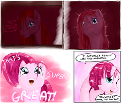 Size: 2043x1744 | Tagged: safe, artist:testostepone, pinkie pie, earth pony, pony, g4, alternate hairstyle, comic, dialogue, female, mare, painting, pinkamena diane pie, solo