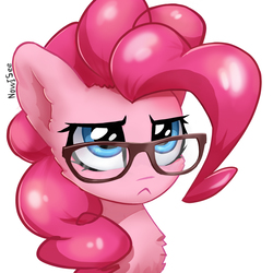 Size: 1920x1920 | Tagged: safe, artist:inowiseei, pinkie pie, earth pony, pony, g4, :<, >:c, bust, cute, diapinkes, female, frown, glasses, grumpy, mare, portrait, serious, serious face, simple background, solo, white background