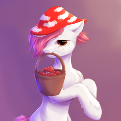 Size: 1024x1024 | Tagged: safe, artist:peachmayflower, oc, oc only, earth pony, pony, basket, freckles, gradient background, hat, male, mouth hold, mushroom, mushroom hat, solo, stallion