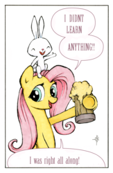 Size: 574x882 | Tagged: safe, artist:halfsparkle, edit, angel bunny, fluttershy, pony, ask sex-positive fluttershy, fluttershy leans in, g4, cider, dialogue, hoof hold, i didn't learn anything